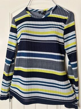DKNY Striped Ribbed Crewneck Long Sleeve, Top Navy, White & Lime Accent. Size S
